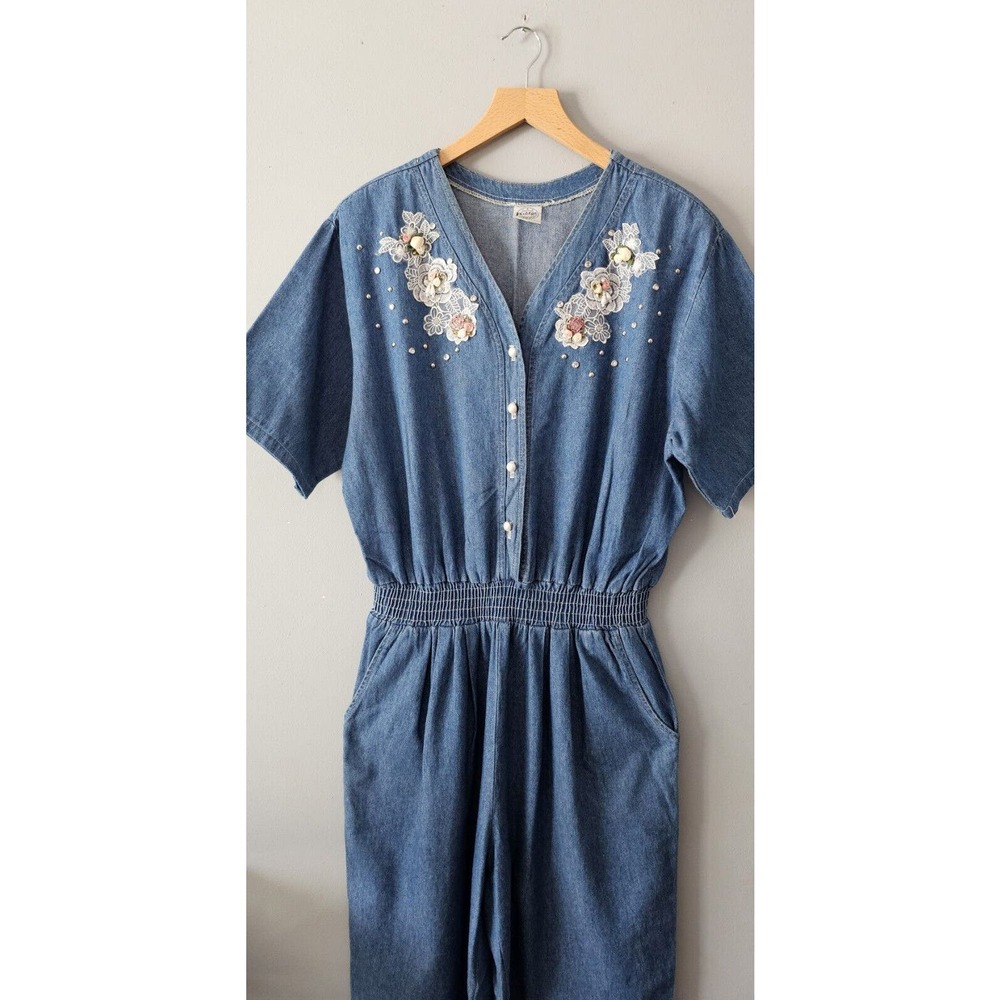 Vtg Cottagecore Denim Jumpsuit Fits M-L Lace Rhinestones Pearl Buttons US Made